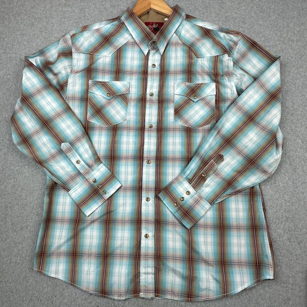 Rodeo Clothing Co Mens 3XL Western Pearl Snap Shirt Turquoise‎ Plaid Long Sleeve